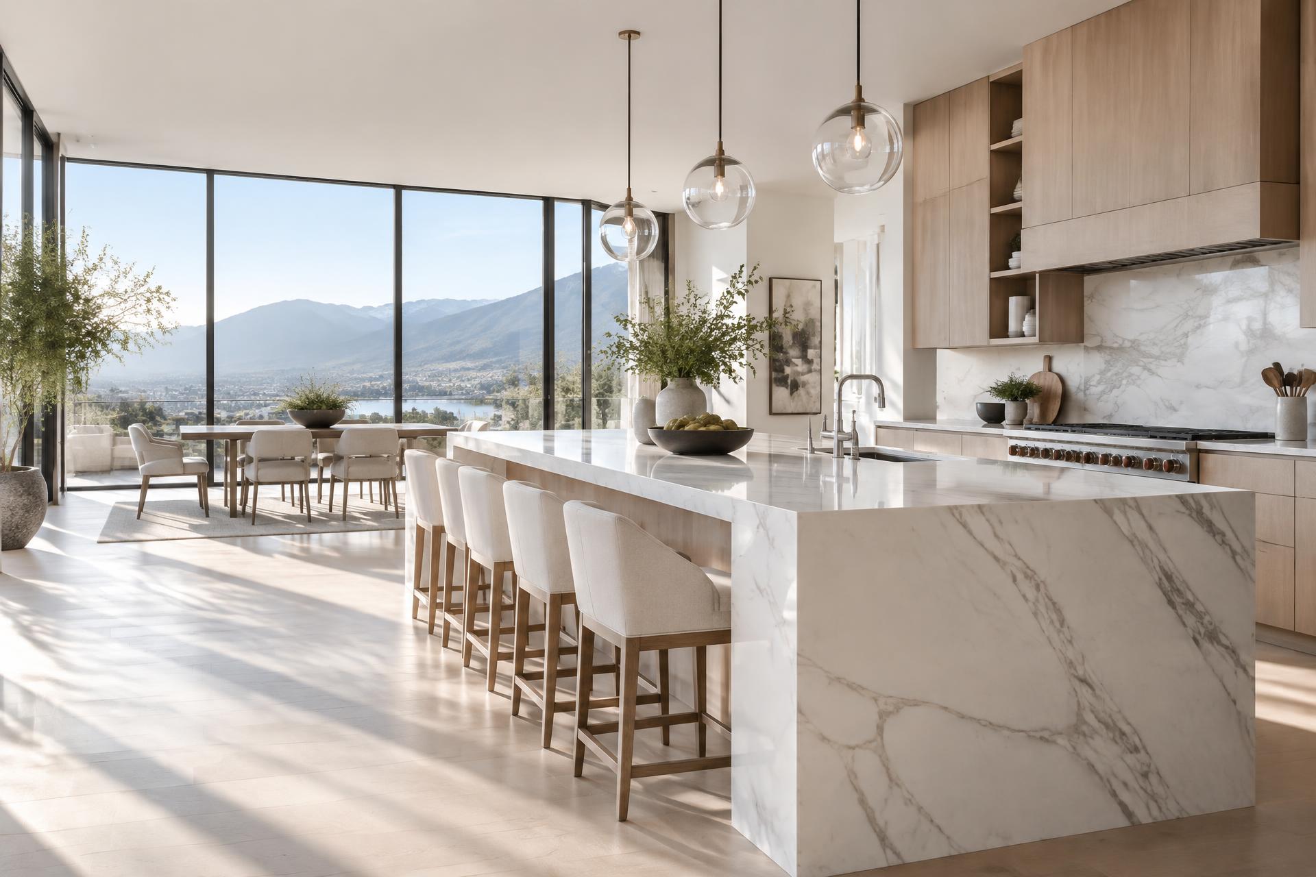 Immaculate luxury kitchen overlooking the Utah mountains